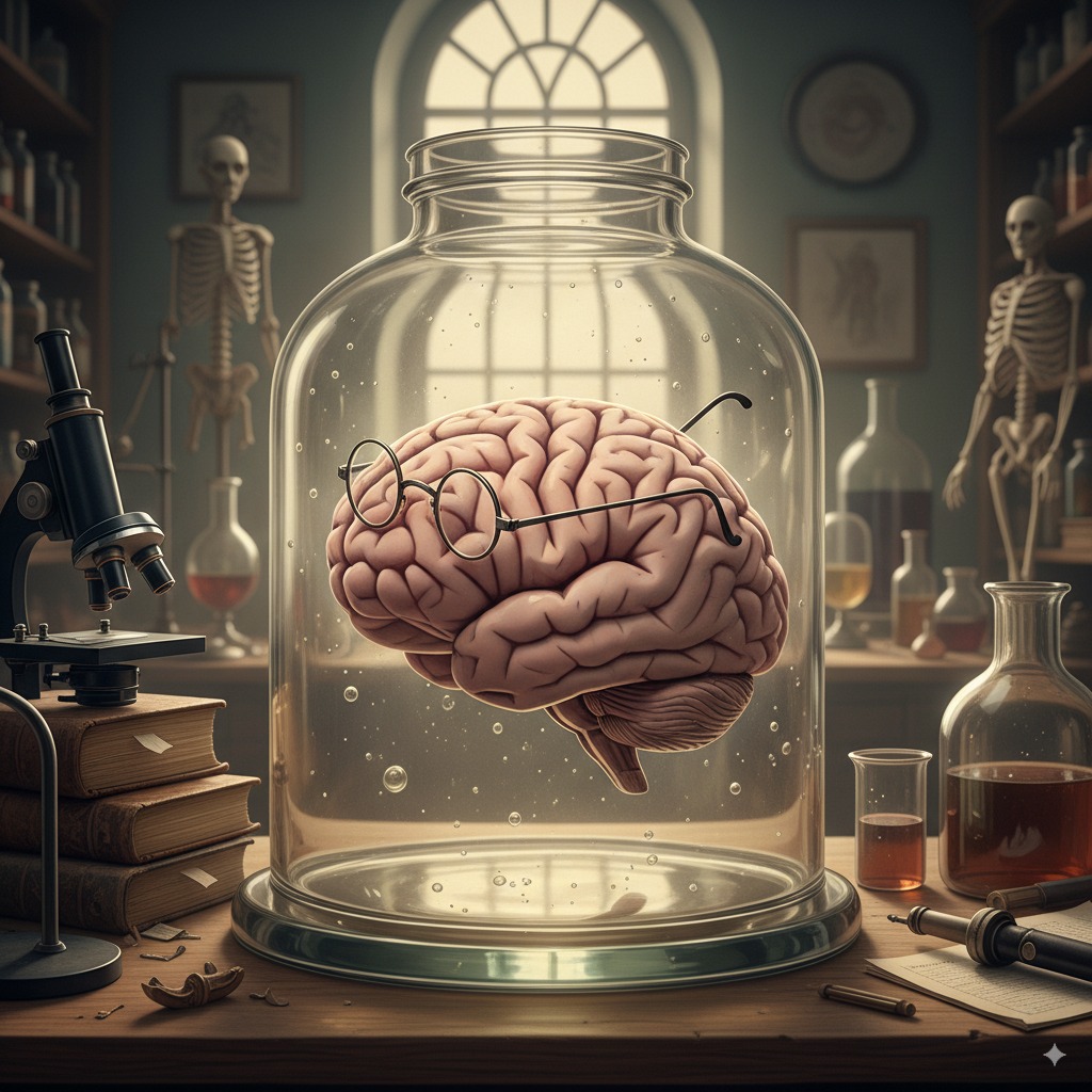 Hello, How Can I Help You album cover - brain in glass jar in vintage laboratory